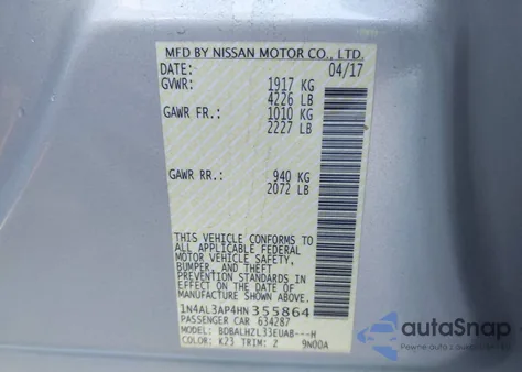 2017 Nissan Altima 2.5 Sr from USA, damaged, VIN 1N4AL3AP4HN355864